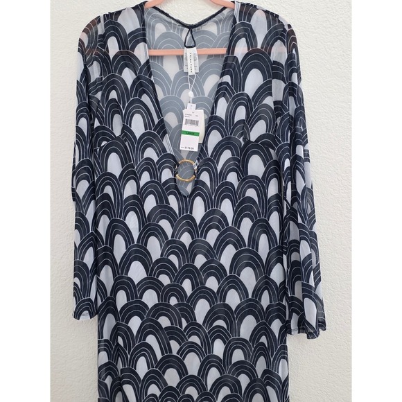 Trina Turk Navy White Arch Print Mesh V-Neck Ring Cover-Up Dress 3076265M Medium - Picture 2 of 8